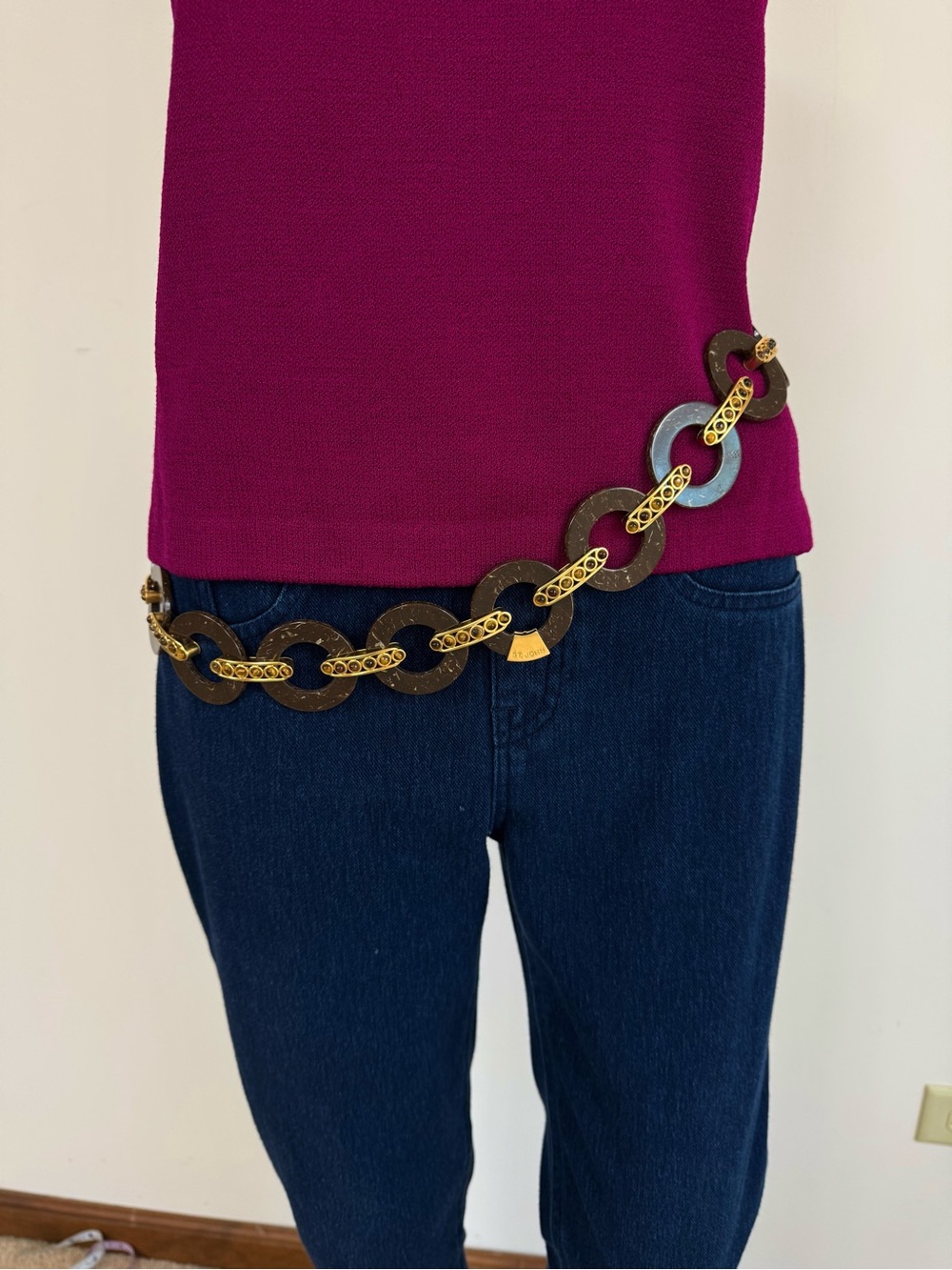 NWT St John Tiger Eye Gold Link Brown Statement Belt Necklace - Picture 14 of 15